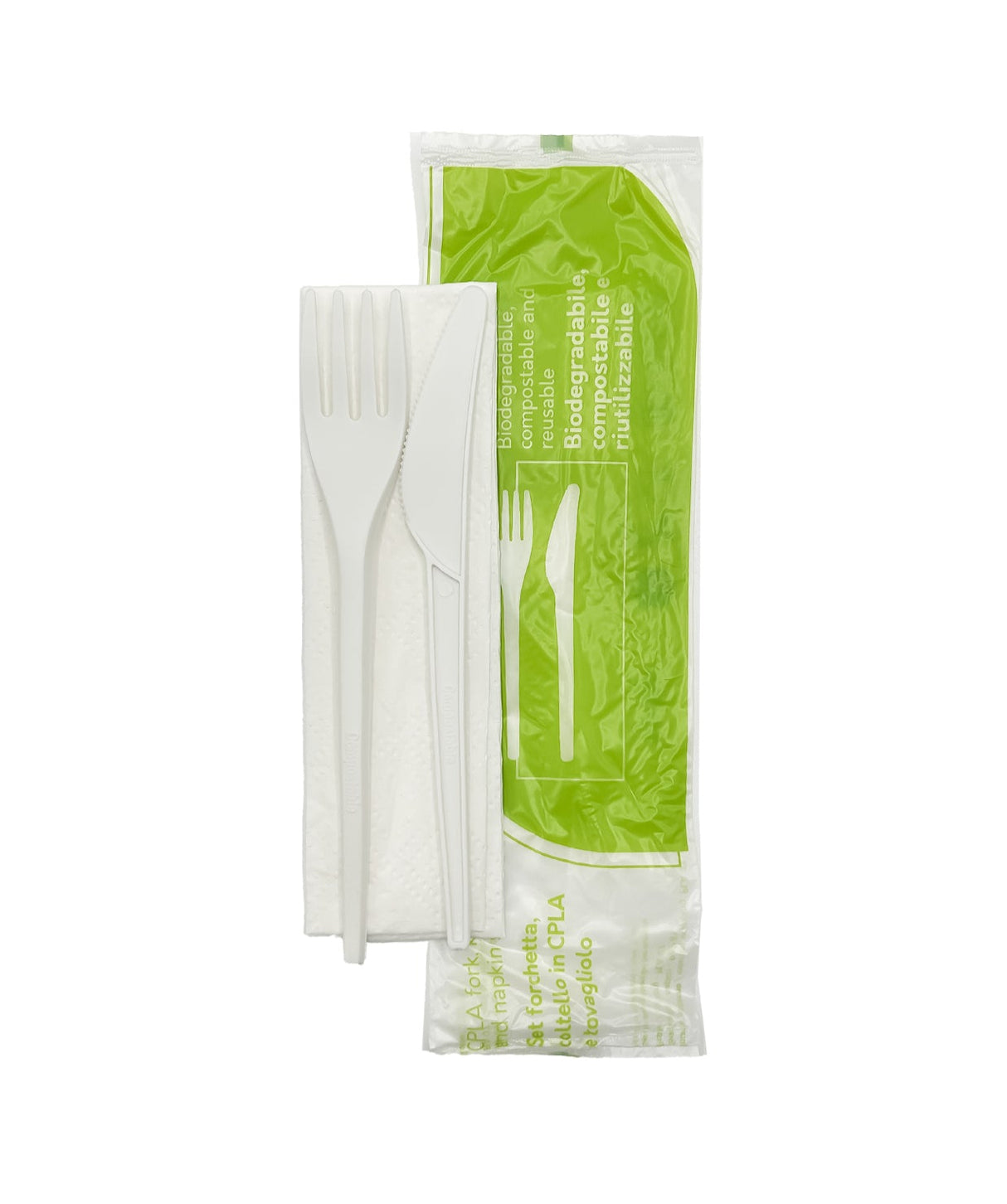 Set bis Forchetta e coltello in CPLA bio bianco imbustato con tovagliolo - 160 mm